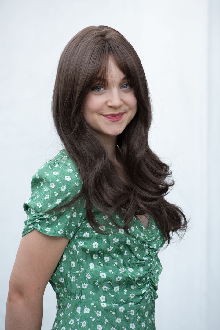 NATURAL BROWN WIG WITH BANGS WAVY BRUNETTE SYNTHETIC WIG GINA