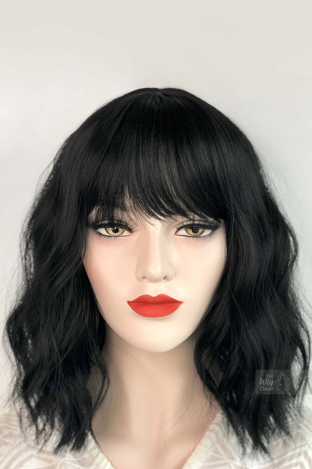 Natural Black Wavy Synthetic Bob Wig with Bangs Mathilda