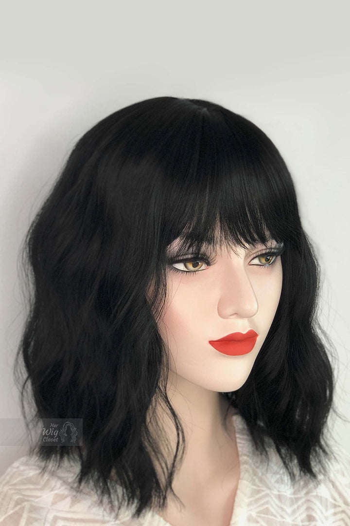 Natural Black Wavy Synthetic Bob Wig with Bangs Mathilda