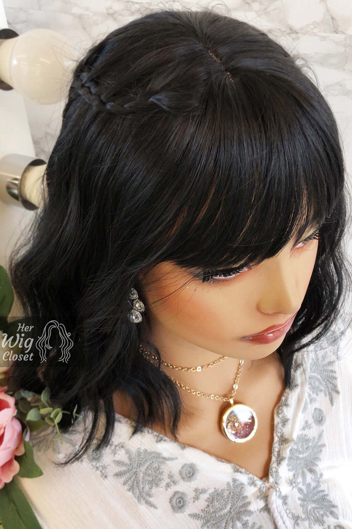 Natural Black Wavy Synthetic Bob Wig with Bangs Mathilda