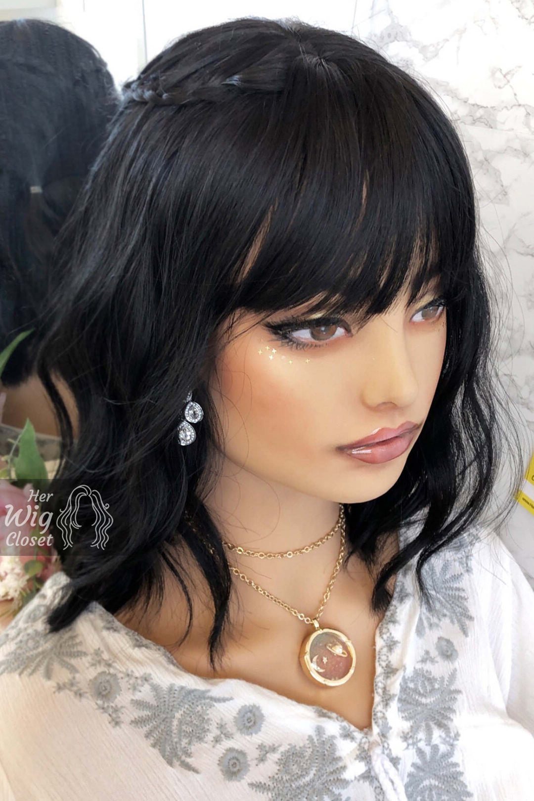 Natural Black Wavy Synthetic Bob Wig with Bangs Mathilda