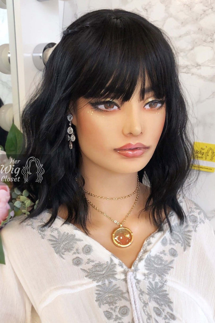 Natural Black Wavy Synthetic Bob Wig with Bangs Mathilda