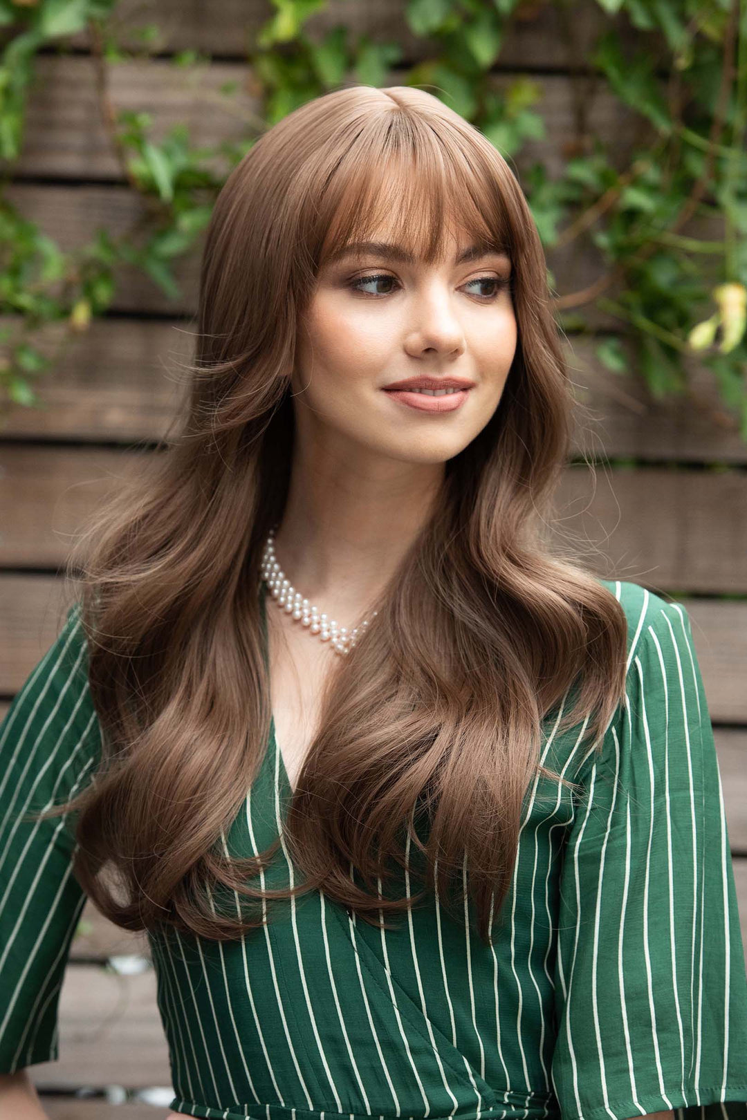 Chestnut Brown Wavy Synthetic Wig with Bangs Sadie