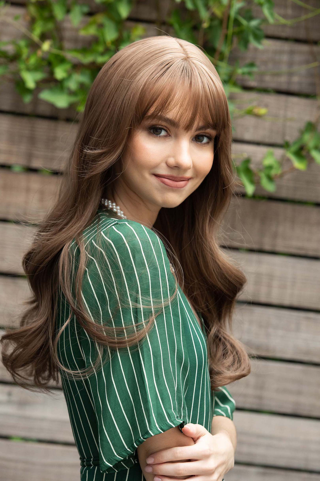 Chestnut Brown Wavy Synthetic Wig with Bangs Sadie